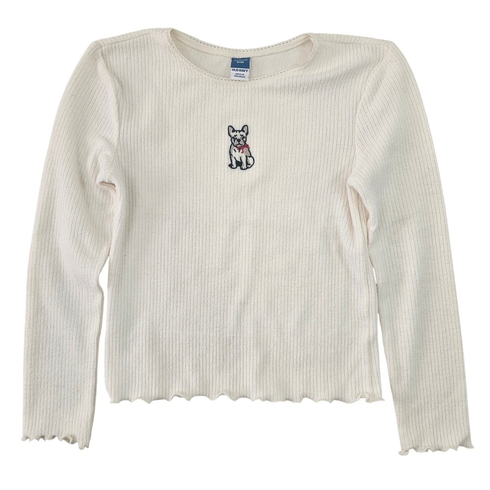 Old Navy Girls Cozeplush Ribbed Top Cream French Bulldog Embroidered Size M 8‎